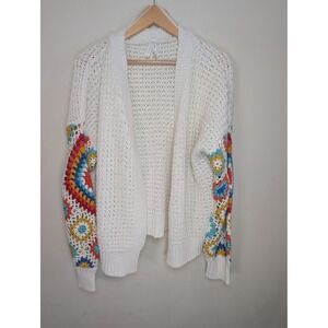 DREAMERS BY DEBUT Granny Square Crochet Cardigan Womens M Cream Open Knit